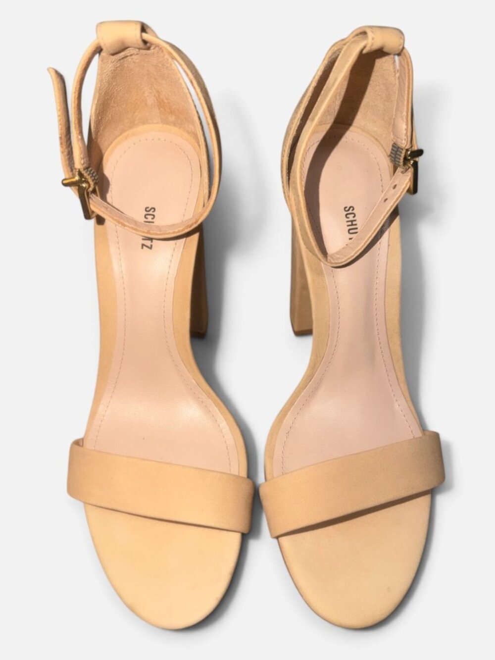 SCHUTZ Enida Heeled Sandal Womens 7.5 B Nude Nubuck Block Heel Neutral Lightwood - Picture 4 of 11